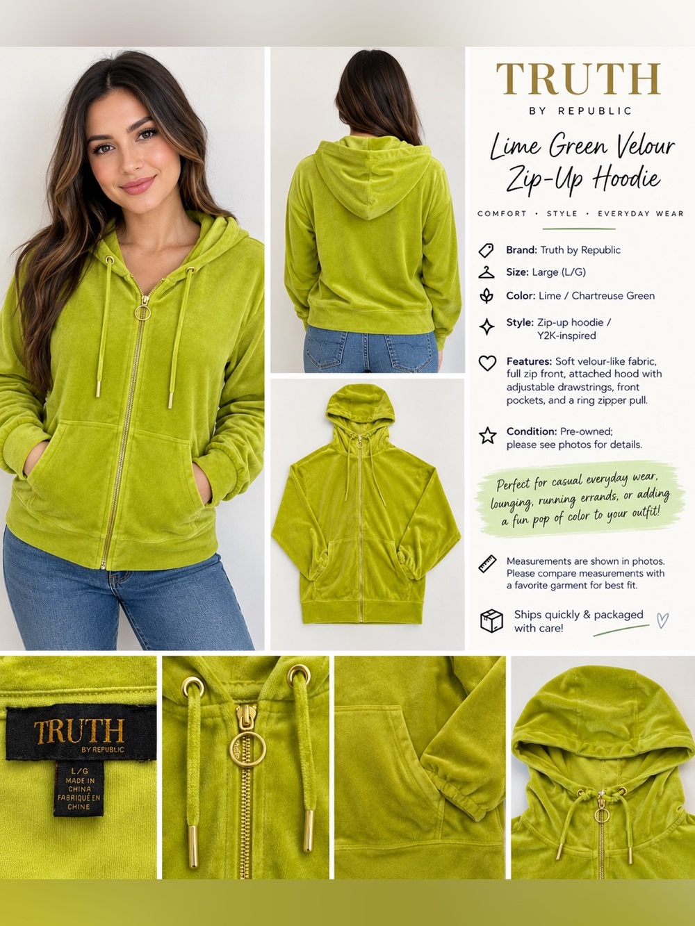 Truth by Republic Lime Green Velour Zip-Up Hoodie Large